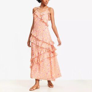Floral Ruffle Strappy Maxi Dress - Color Coral Cream